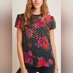 Anthropologie Fiorella Blouse Vibrant Floral Gold Metallic Polka Dot Pink Black